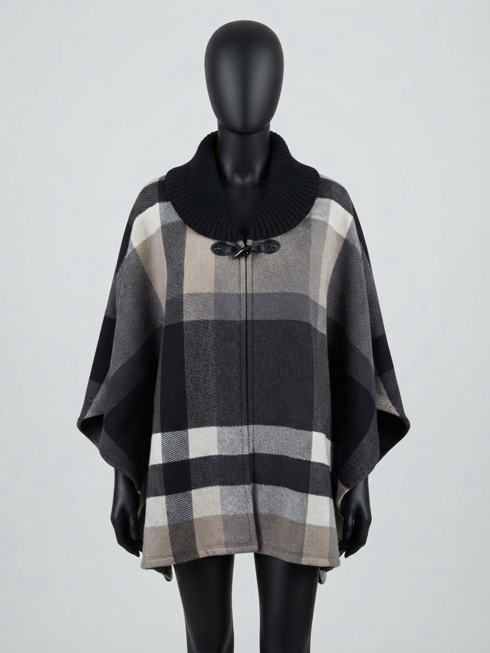 RACHEL Rachel Roy Plaid Shawl-Collar Poncho in Black, Gray & Cream
